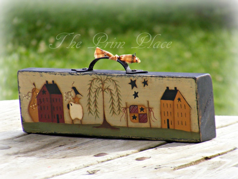 Primitive Hand Painted Folk Art Table Sitter Block Primitive Home Decor Primitive Decor Saltbox House Primitive Sheep Home Decor image 3