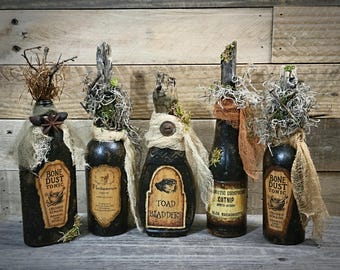 Primitive Apothecary Potion Bottles ~ Spell Bottle ~ Witch Potion Decor ~ Halloween Decor ~ Fall Decor ~ Spooky Decor ~ Witchy Decor
