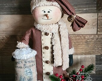 Primitive Standing Snowman Doll on Wooden Base ~ Christmas Decor ~ Winter Decor ~ Holiday Decor ~ Snowman Collector ~ Christmas Gift