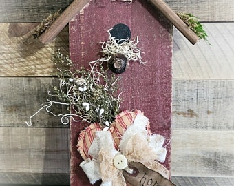 Primitive Red Birdhouse Decoration - Leaner - Wall Hanger- Spring - Summer Decor - Rustic - Farmhouse - Seasonal - Primitive Home Decor