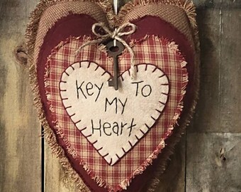 Primitive Heart Door Hanger ~ Primitive Heart Wall Hanging ~ Primitive Valentine Decor ~ Heart Decor ~ Valentines Day ~ Rustic Heart