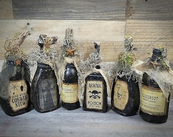 Primitive Apothecary Potion Bottles ~ Spell Bottle ~ Witch Potion Decor ~ Halloween Decor ~ Fall Decor ~ Spooky Decor ~ Witchy Decor