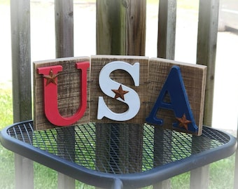 Rustic Patriotic Wooden USA Tablesitter Sign - Fourth of July- Independence Day - Americana Decor - Red White Blue Decor - Primitive Decor