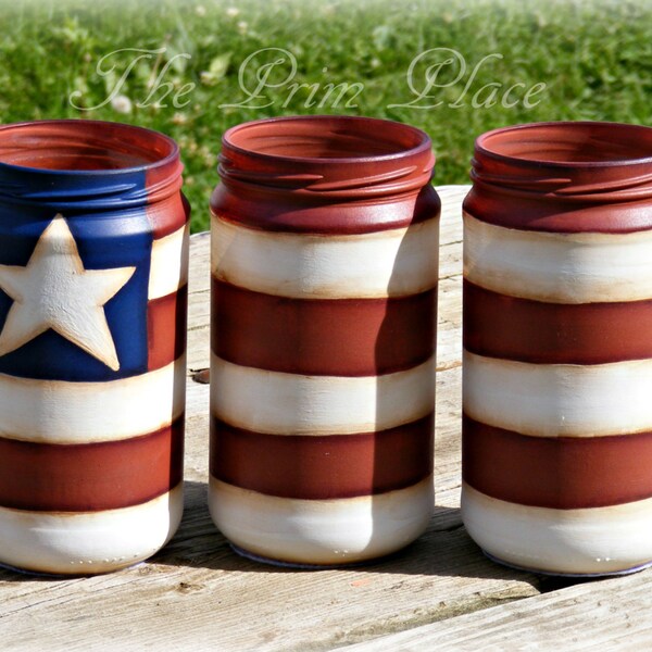 Mano dipinta Americana vasetti ~ Americana luminari ~ patriottico Decor ~ Country Decor ~ 4 luglio ~ Memorial Day ~ primitivo Home Decor ~ bandiera americana ~ USA