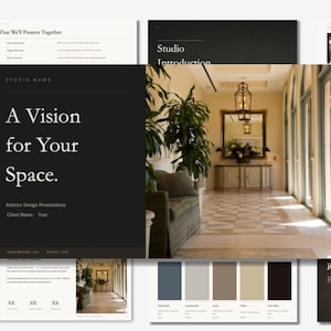 Peut inclure: Présentation de design d'intérieur avec le texte "A Vision for Your Space". L'image comprend un couloir avec un sol en damier, un miroir et une palette de couleurs, suggérant des services de design d'intérieur.