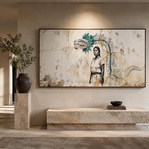 May include: A large framed artwork depicts a woman and a stylized serpent on a distressed wall. The artwork features a neutral color palette with accents of teal and brown. A dark vase with greenery sits atop a stone pedestal, and a stone bench is below the artwork.