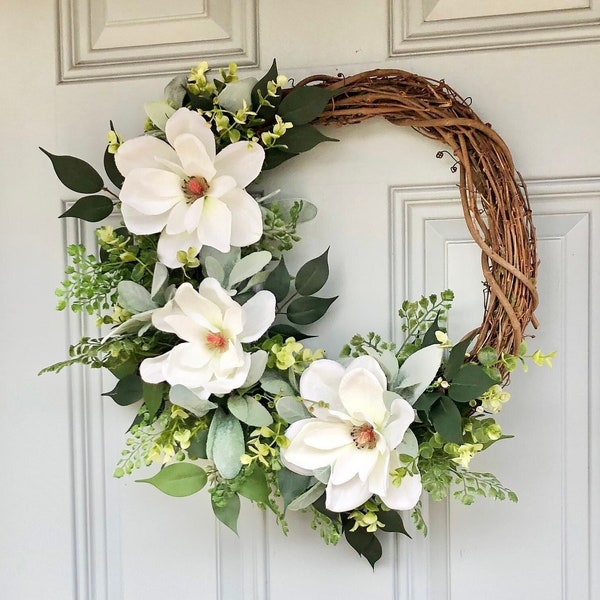 summer magnolia wreath front door wreath year round wreath summer wreath magnolia modern farmhouse wreath magnolia front door wreath white