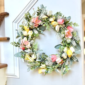 Easter wreath with eggs Easter berry wreath pink and yellow tulip Easter wreath tulip spring wreath front door Easter egg wreath pastel door
