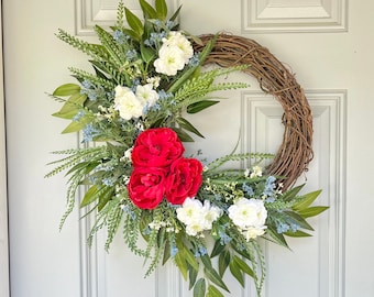 summer wreath patriotic wreath summer fourth of July wreath red white and blue wreath summer front door decor 4th of July wreath red blue