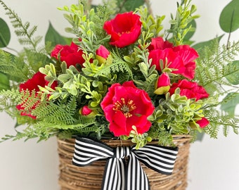 red poppy door basket poppy wreath front door wreath poppy flowers red hanging door basket poppy flower door hanger fern wreath boxwood