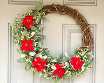 winter wreath eucalyptus and lambs ear red poinsettia wreath eucalyptus Christmas wreath lambs ear Christmas wreath eucalyptus winter wreath