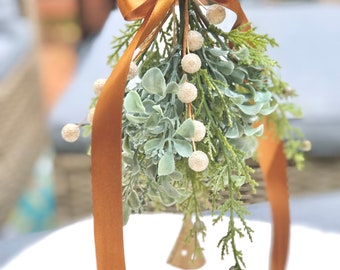 Hanging mistletoe, kissing mistletoe, mistletoe with bells, Christmas decor, holiday decor, jingle bell decor, housewarming gift, hostess