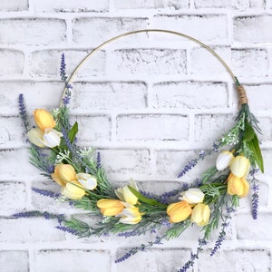 tulip hoop wreath spring tulip wreath spring hoop wreath front door wreath indoor wreath spring hoop wreath lavender wreath yellow tulip