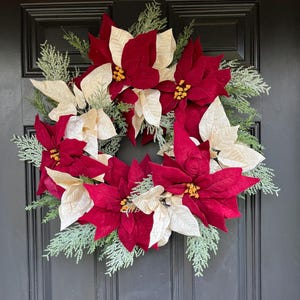 red and gold poinsettia wreath front door Christmas wreath large poinsettia wreath winter red wreath modern Christmas wreath poinsettia red