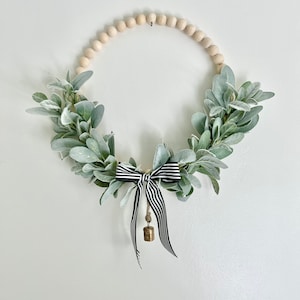wood bead lambs ear wreath lambs ear hoop wreath modern farmhouse wreath hoop wood bead year round decor interior wreath gold bell
