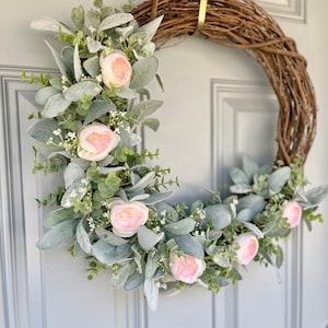 spring wreath farmhouse wreath spring easter farmhouse wreath pink and green wreath front door wreath spring front door lambs ear wreath