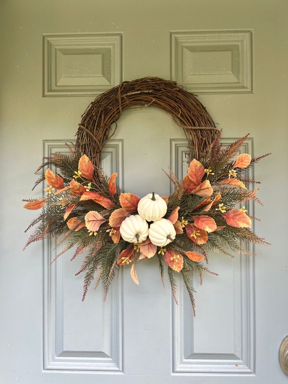 white pumpkin fall wreath traditional fall wreath front door fall pumpkin wreath autumn wreath fall decor orange fall wreath with pumpkins