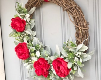 Red peony lambs ear eucalytptus wreath red peony wreath front door farmhouse peony wreath summer peony wreath red spring wreath red peonies