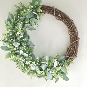 20" Lambs Ear & Peony Farmhouse Wreath For Front Door - All Season Handmade Decor With Buffalo Check Bow
