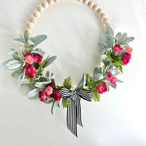 summer hoop wreath lambs ear hoop wreath summer spring wreath lambs ear summer wreath pink floral wreath wood bead wreath front door pink