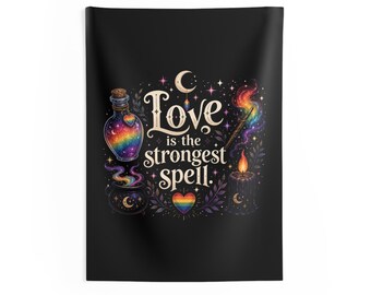 Liebe ist der stärkste Zauberspruch Wandteppich | witchy regenbogen herz, trank flasche, mond