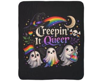 Creepin' It Queer Ghosts Fleece Blanket | Rainbow Halloween Sherpa