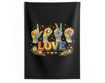 ASL Liebeszeichen Wandbehang | Regenbogen Hände, Blumenherzen, Peace Vibes