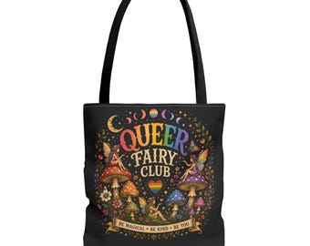 Queer Fairy Club Einkaufstasche | Regenbogenpilze magisches Zauberbuch Design