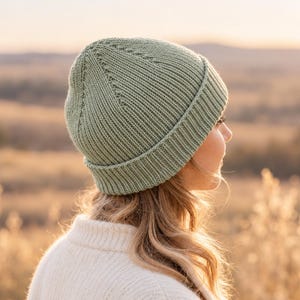 Ribbed Beanie Hat Knitting Pattern, Folded Brim Winter Hat, Adult Sizes S/M and L/XL, Knit in the Round, Merino Wool Hat Step by Step Guide