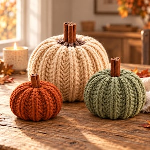 Puede incluir: Tres calabazas decorativas hechas de hilo de punto grueso en color crema, naranja quemado y verde salvia. Cada calabaza presenta una textura acanalada vertical y un tallo formado por un manojo de ramas de canela marrones en el centro.