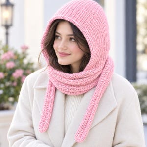 Puede incluir: Una bufanda con capucha tejida en color rosa suave que presenta una textura acanalada en toda la pieza. El diseño incluye una capucha integrada que se extiende en dos extremos largos que cuelgan sobre la parte delantera de un abrigo crema.
