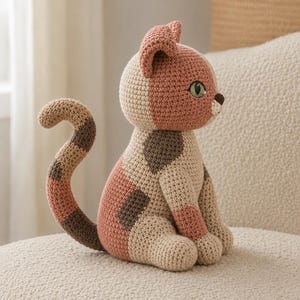 May include: A crocheted cat figurine featuring a multi-colored pattern of dusty rose, beige, and dark brown yarn. The cat is depicted in a seated position with a curved tail, pointed ears, and green eyes, crafted with a visible textured yarn stitch.