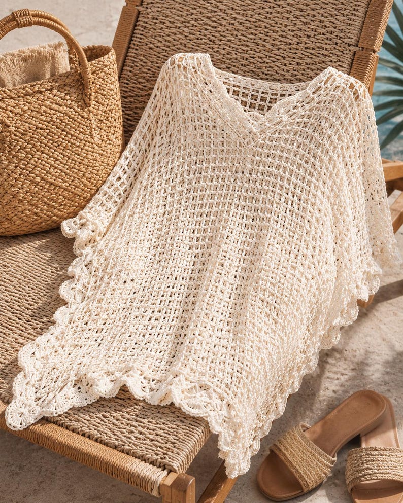 May include: A cream-colored crochet cover-up featuring an open-knit grid pattern, a V-neckline, and a decorative scalloped edge along the hem. The garment is crafted with a lightweight, airy texture and displays intricate stitching throughout the piece.