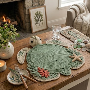 Op de afbeelding: Een ronde, gehaakte placemat in de vorm van een zeeschildpad, met een saliegroen midden, crèmekleurige flippers en gestructureerde koraal- en zeesteraccenten. De schildpaddenkop is crèmekleurig met zwarte ogen en de randen zijn afgewerkt in crème.