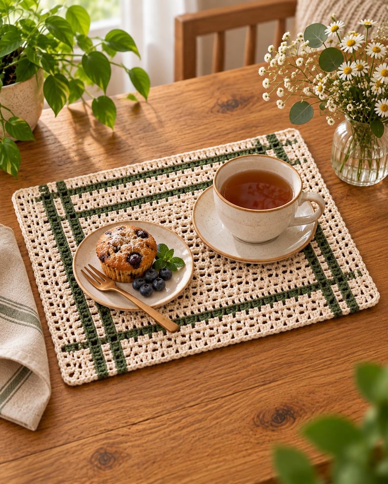 Op de afbeelding: Een rechthoekige gehaakte placemat met een gebroken wit opengewerkt ruitpatroon, geaccentueerd met donkergroene strepen. Op de placemat staan een keramieken schoteltje en kopje met thee, een klein bordje met een bosbessenmuffin en een goudkleurige vork.
