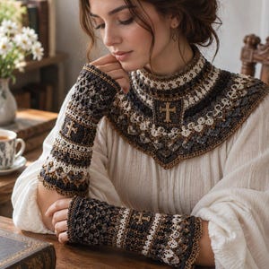 May include: A crochet collar and matching fingerless gloves set featuring a dark brown, cream, and grey color palette. The pieces are decorated with intricate geometric patterns and small, centered cross motifs in a metallic gold-toned thread.
