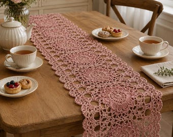 Blush Häkelspitze Tischläufer PDF Muster, Florales Esszimmer Dekor Anleitung, Vintage Deckchen Mat