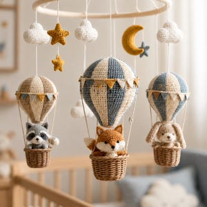 Op de afbeelding: Een babykamer mobiel met drie gehaakte heteluchtballonnen in blauw, beige en wit, elk met een knuffeldier: een wasbeer, een vos en een konijn. De mobiel bevat gehaakte witte wolken, gele sterren en een gele halve maan.