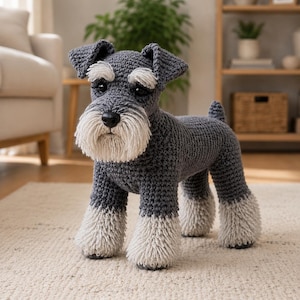 Op de afbeelding: Een handgemaakt gehaakt hondenfiguurtje dat lijkt op een Schnauzer, met een donkergrijs lichaam, een opvallende witte baard, witte wenkbrauwen en lichtgrijs getextureerd garen op de onderpoten, met een kleine rechtopstaande staart.