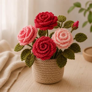 Puede incluir: Un arreglo floral de ganchillo con dos rosas rojo oscuro, dos rosas rosa claro y un pequeño capullo de rosa. Las flores tienen hojas verdes texturizadas y están contenidas dentro de una maceta cilíndrica de hilo beige.