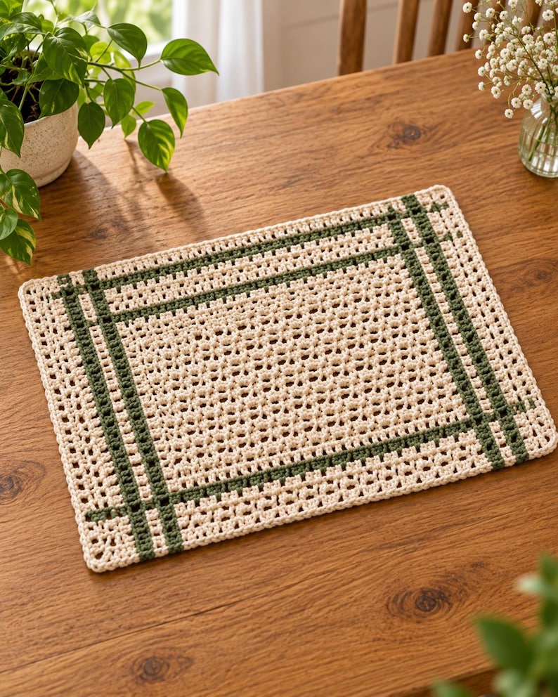 Op de afbeelding: Een rechthoekige gehaakte placemat met een gebroken wit opengewerkt patroon en een donkergroene rand. Het textielaccessoire heeft een rasterachtige structuur met kruisende lijnen van groen garen die een kader rond het midden vormen.