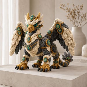 May include: A crochet griffin figurine featuring a color palette of charcoal gray, cream, and mustard yellow. The creature has large feathered wings, a pointed beak, and intricate teal and gold circular accents on its chest, wings, and legs.