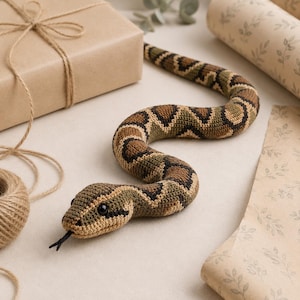May include: A crocheted snake toy featuring a repeating pattern of brown, tan, and olive green yarn. The snake has a rounded head with two small black bead eyes and a thin black yarn tongue protruding from its mouth, with a long, winding body.