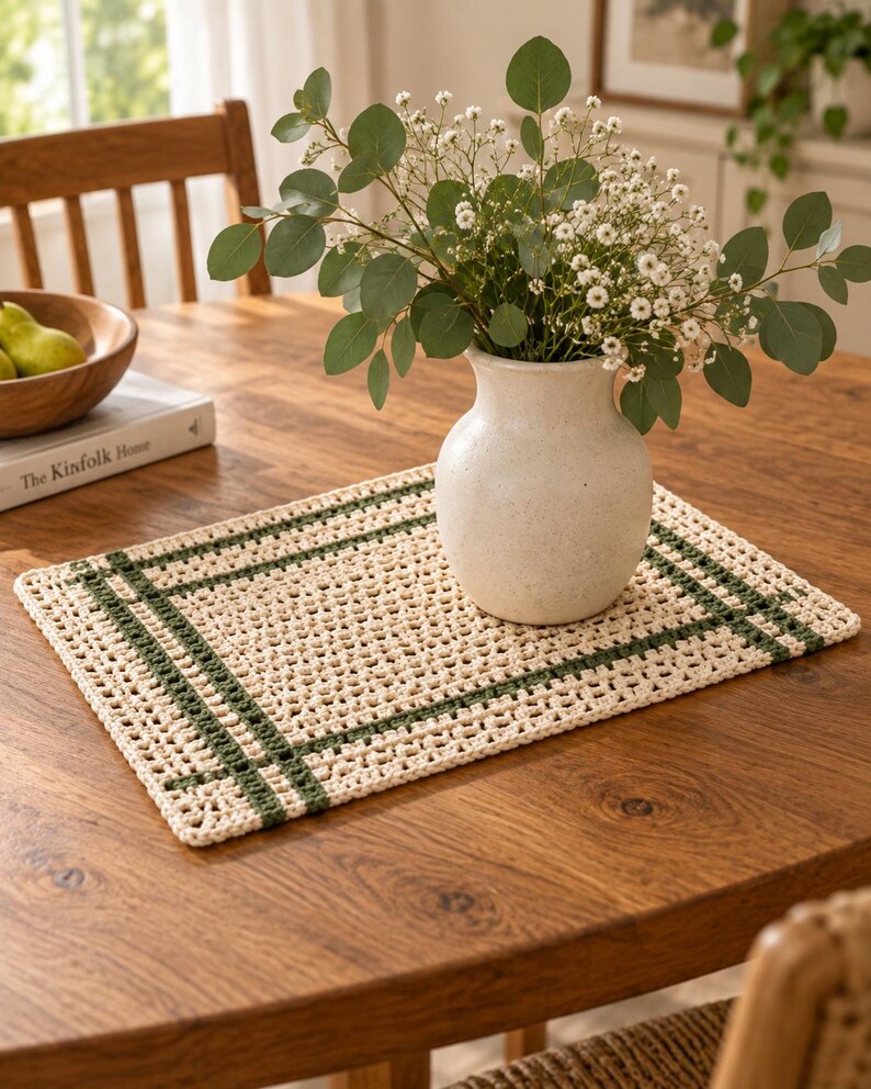Op de afbeelding: Een rechthoekige gehaakte placemat met een cr&egrave;mekleurig opengewerkt midden en een donkergroene rand met een dubbel lijnpatroon. De placemat is gemaakt met een getextureerde garenfinish en vertoont een consistent, herhalend geometrisch steekpatroon.