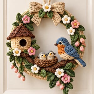 May include: A circular crochet wreath featuring a beige base, a brown birdhouse, and a blue bird perched near a nest with two small chicks. The wreath is decorated with green leaves, pink and white flowers, and a large beige bow at the top.