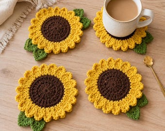 Crochet Sunflower Coaster Set PDF Pattern, Floral Mug Rug Tutorial, Table Decor