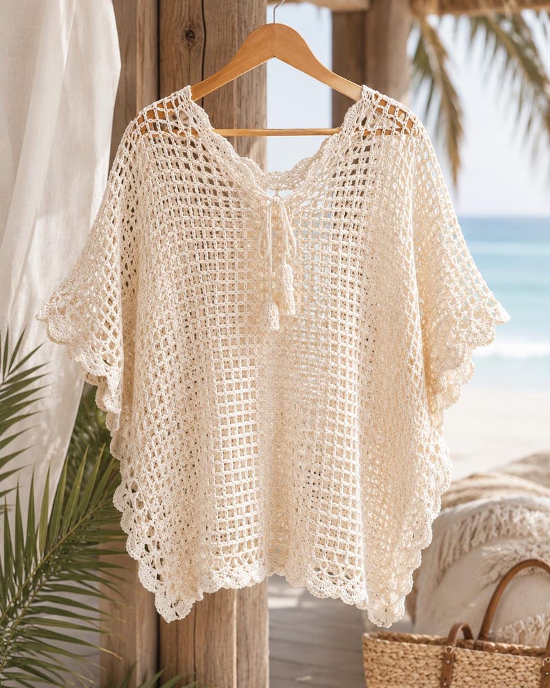 May include: An off-white crochet cover-up featuring an open grid pattern, a V-neckline with a drawstring tie finished with two tassels, and scalloped edges along the hem and sleeves. The garment is displayed on a wooden hanger.