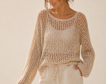Creme Häkelanleitung PDF, Langarm Spitzenpullover, Boho Strand Cover Up