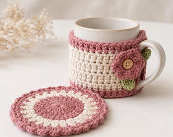Gehäkelte Tasse Gemütliches Muster, Blumen-Cup-Hülle PDF, Untersetzer-Set Anleitung
