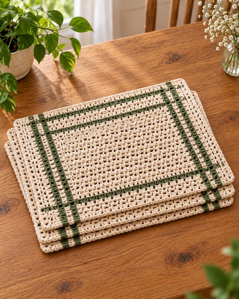 Op de afbeelding: Een stapel van drie rechthoekige gehaakte placemats met een cr&egrave;mekleurige basis en een rasterpatroon van donker bosgroene strepen. De placemats hebben een getextureerde, open geweven structuur met een consistent randontwerp op elk stuk.